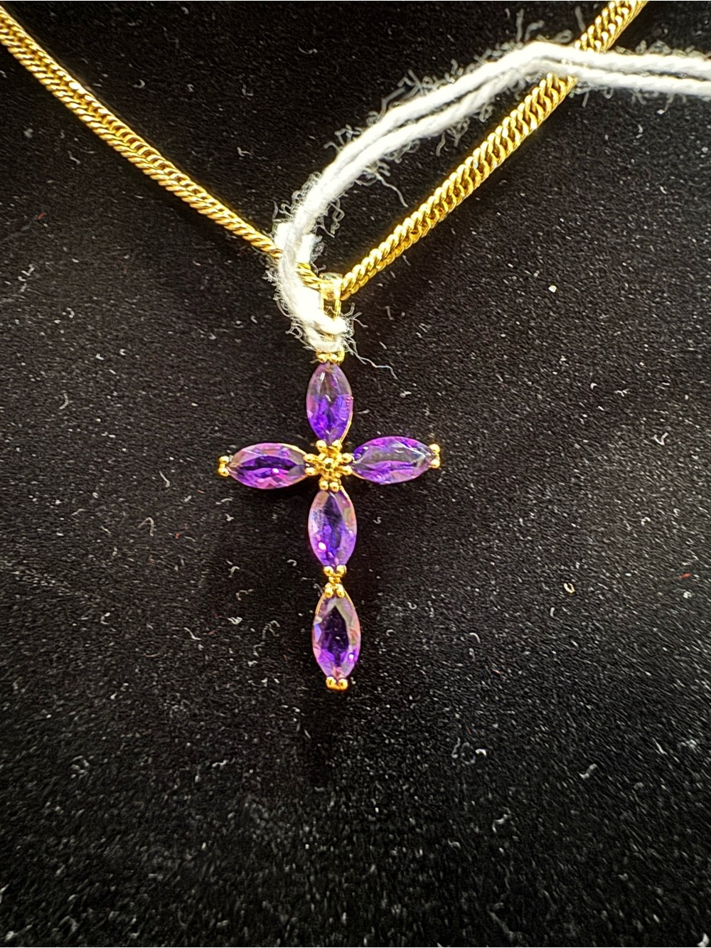 Gold Cross Pendant Necklace with Purple Gemstones